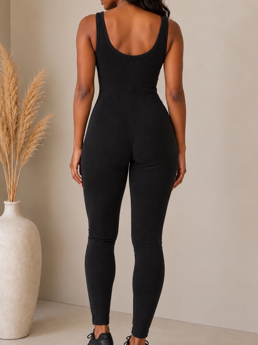 Black Ribbed Stretch Jumpsuit - Picture 2 of 4
